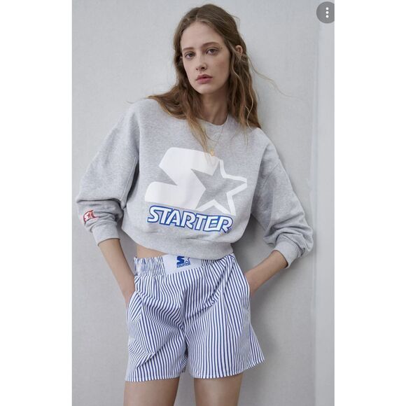Zara x Starter Cropped Sweatshirt Gray Long‎ Sleeves Graphic Logo Gray Medium - Picture 1 of 13